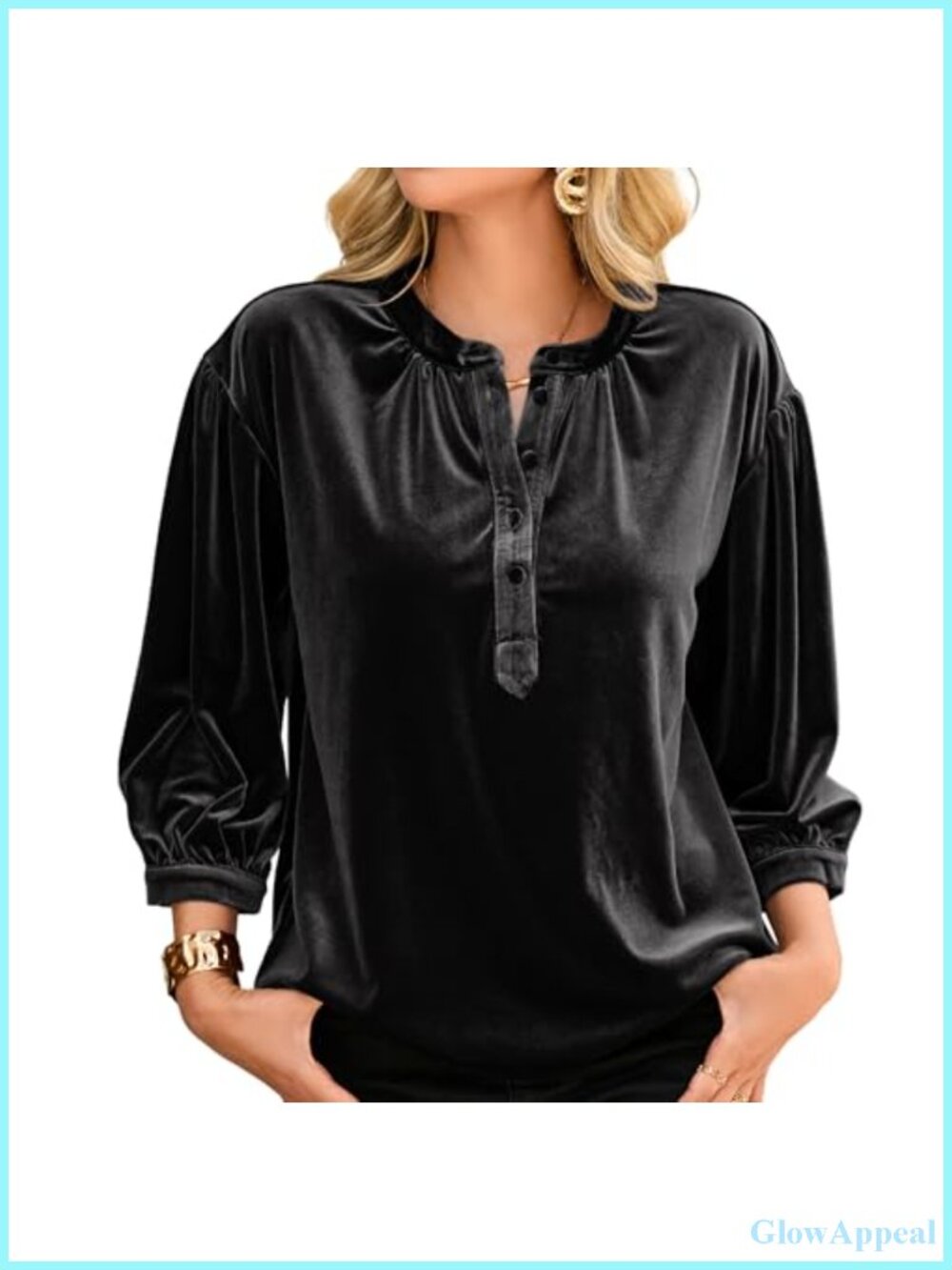 Velvet Button Up Blouse 3/4 Sleeve Loose Fit Women's Casual Top